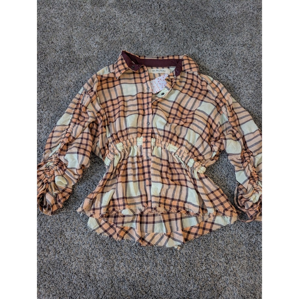 Free People Peach Tree Combo Plaid Shirt Blouse XS Drawstring Ruched‎ Sleeve